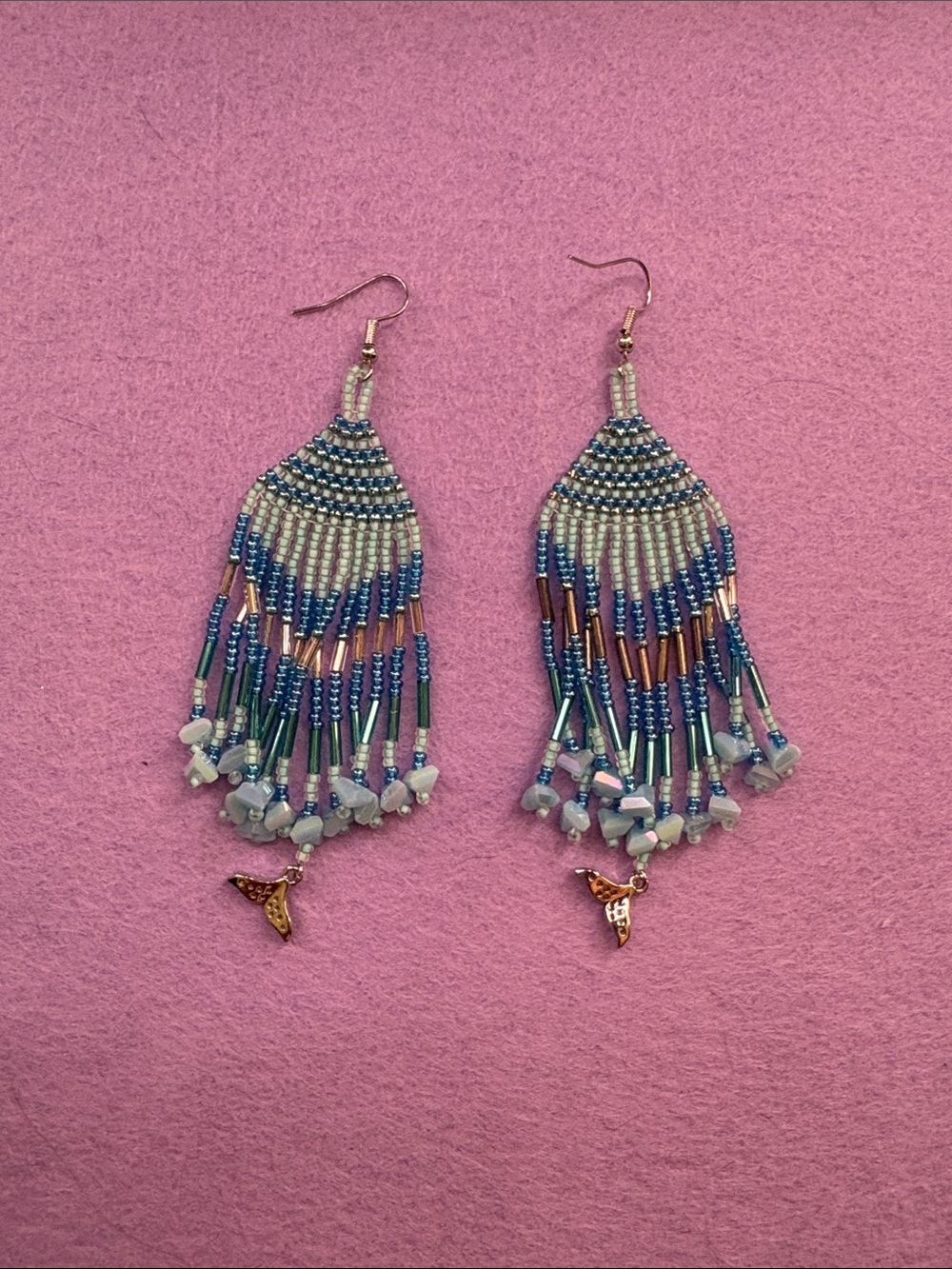 Handmade Blue Beaded Fringe Earrings with Gold Hummingbird Charm